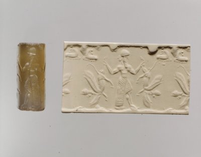 Sceau-cylindre et impression moderne : figure masculine dominant des lions ailés à tête humaine, vers 8e-7e siècle av. J.-C. (calcédoine) - Neo Assyrian Neo Assyrian