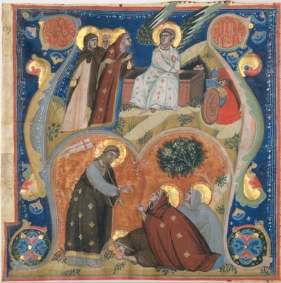 Enluminure de manuscrit avec des scènes de Pâques dans une initiale A, d