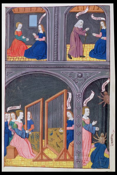 Ms 324 f.62 v. Arachné défie Pallas et devient une araignée, des Métamorphoses 6 d