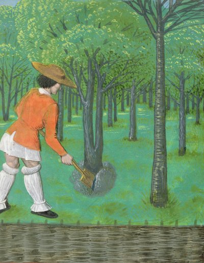 Homme avec une bêche dans un verger, de 