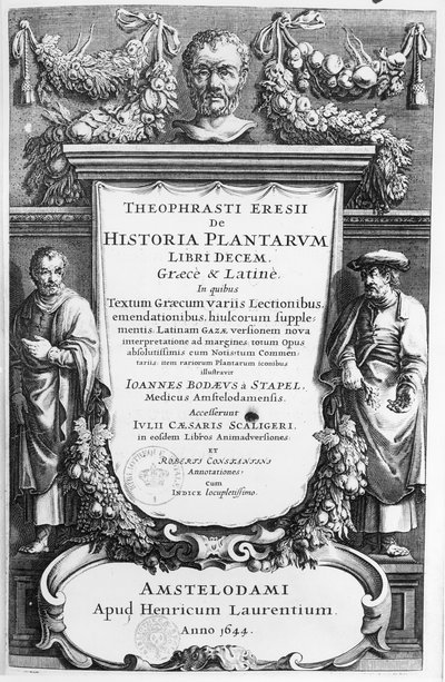 Page de titre de Historia Plantarum Libri Decem par Théophraste (c.372-c.287 av. J.-C.) publié à Amsterdam en 1644 - Netherlandish School