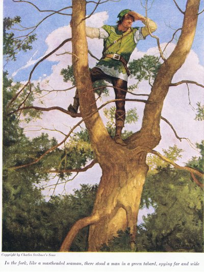 Dans la fourche comme un marin en tête de mât, se tenait un homme en tabard vert, espionnant au loin, 1916 - Newell Convers Wyeth
