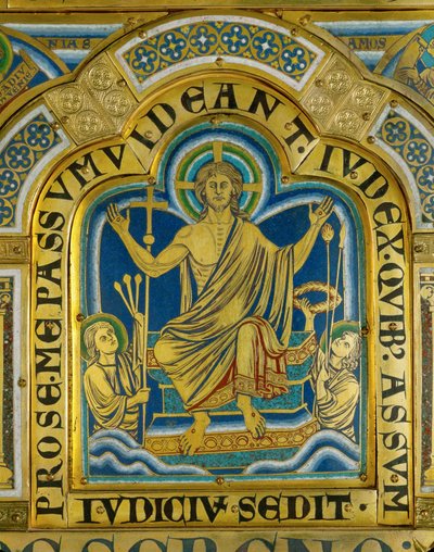 Le Christ siège en jugement, les saints portent les instruments de sa passion ... (émail sur cuivre doré) - Nicholas of Verdun