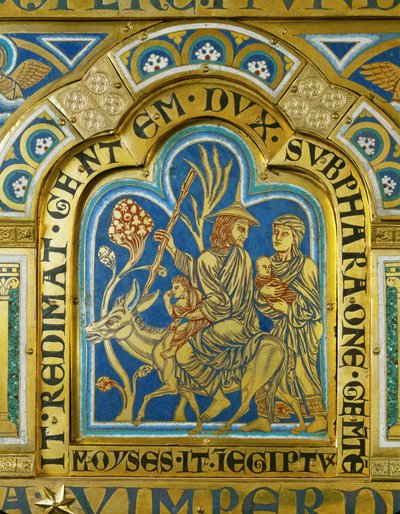 Moïse retourne en Egypte avec sa femme Zipporah et ses deux fils ... (émail sur cuivre doré) - Nicholas of Verdun