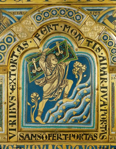 Samson emporte les portes de Gaza, Verdun Autel ... (émail sur cuivre doré) - Nicholas of Verdun