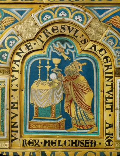 Le prêtre-roi de Salem, Melchisédek, sacrifie du pain et du vin ... (émail sur cuivre doré) - Nicholas of Verdun