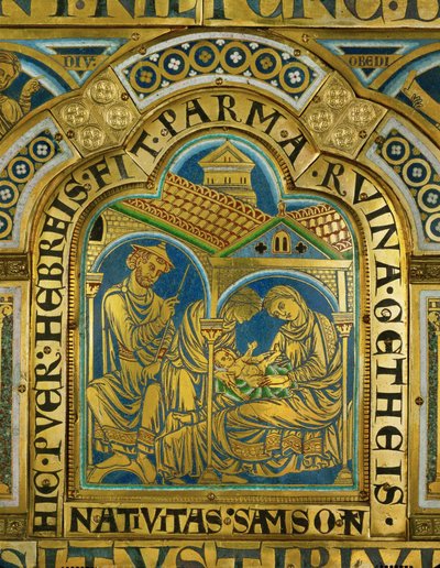 La naissance de Samson, Manoah avec un chapeau de juif médiéval ... (émail sur cuivre doré) - Nicholas of Verdun