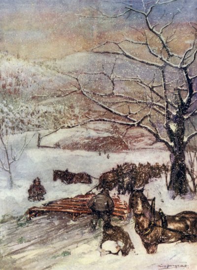 Norvège : Chasse-neige tiré par huit ou dix chevaux (lithographie en couleur) - Nico Jungman