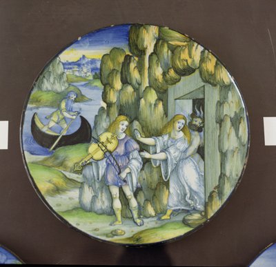 Orphée et Eurydice aux portes des Enfers, plaque en maïolique, par Nicola Pellipario d