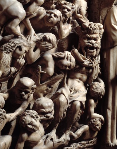 Art gothique : détail des reliefs représentant les damnés en enfer dans le Jugement dernier, chaire en marbre de Nicola Pisano - Nicola Pisano