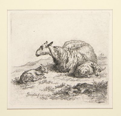 2 gravures de La série des moutons avec la bergère et les moutons, la soi-disant Femme - Nicolaes Berchem