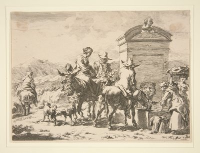 Sans titre - Scène de genre avec des gens sur des ânes et une pierre tombale - Nicolaes Berchem