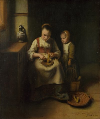 Une femme épluchant des panais, avec un enfant à ses côtés - Nicolaes Maes