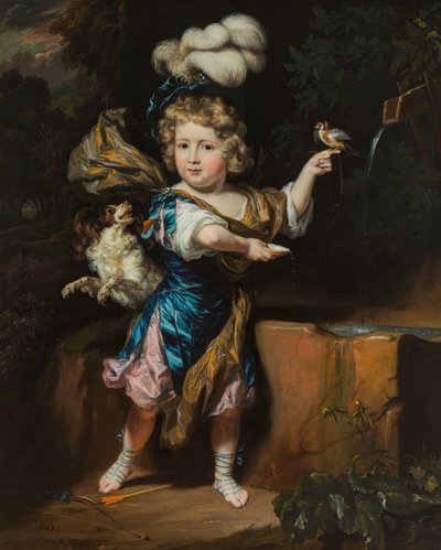 Dutch : Garçon avec oiseau et chien à la fontaine Garçon avec oiseau et chien à la fontaine - Nicolaes Maes