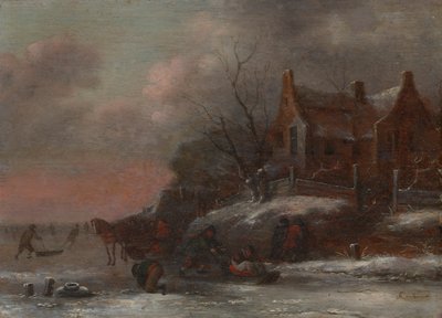 Paysage hivernal avec des personnages faisant de la luge sur une rivière gelée - Nicolaes Molenaer