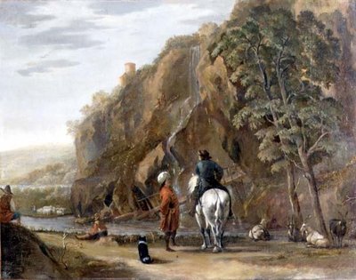 Paysage italianisant avec des figures et un cheval sur une route - Nicolaes Pietersz. Berchem