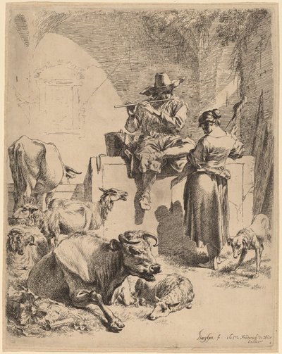 Le berger assis sur une fontaine et la fileuse - Nicolaes Pietersz Berchem