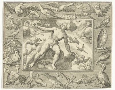 Élément air comme jeune homme sur des nuages entre des oiseaux volants - Nicolaes de Bruyn