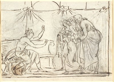 Scène antique. Un héros couronné assis parle à un groupe de quatre figures, dont une petite fille et un vieil homme - Nicolai Abildgaard