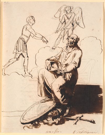 Ariosto, assis avec un luth, à ses pieds des armes, en arrière-plan Amour entraîne un homme - Nicolai Abildgaard