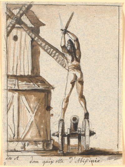 Don Quichotte, debout sur un canon, l