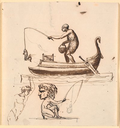 Un homme dans un bateau, levant un poisson avec une ligne. En dessous, une esquisse d