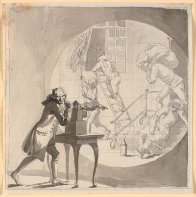 Un homme avec une lanterne magique montre un vol se déroulant sous le nez du gardien endormi - Nicolai Abildgaard