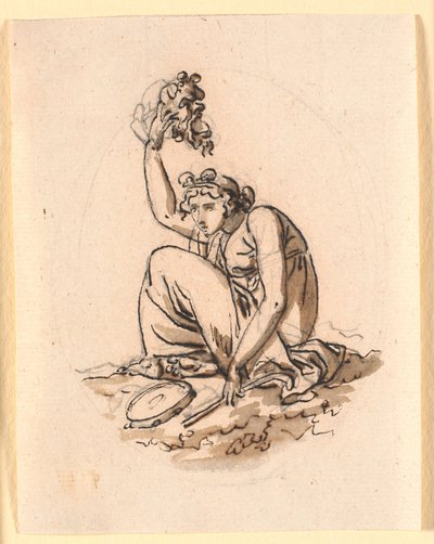 Femme assise levant un masque au-dessus de sa tête - Nicolai Abildgaard