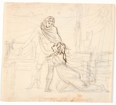 Une jeune femme, à genoux, embrassant suppliamment un héros nu - Nicolai Abildgaard