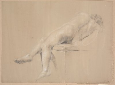 Modèle semi-allongé sur un piédestal haut avec un coussin. Vu de dos. Les jambes pendantes sur le piédestal - Nicolai Abildgaard