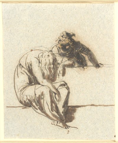 Au premier plan une figure féminine assise et courbée, derrière un parapet une autre se penche vers elle - Nicolai Abildgaard