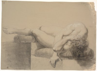 Modèle allongé. Vers la gauche. Tête et torse reposant sur un coussin, jambes levées et jambe gauche reposant sur un autre coussin - Nicolai Abildgaard
