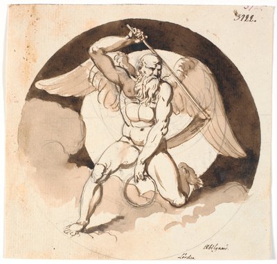 Samedi. Figure ailée du temps ou de la mort, avec une faux dans une main, dans l