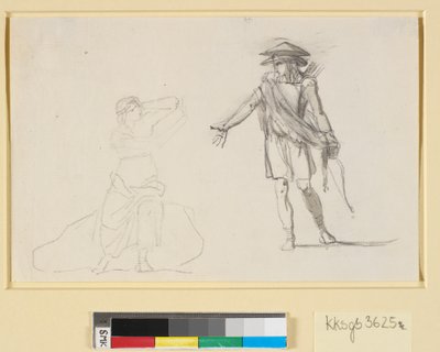Scène entre deux figures. À gauche, une femme assise avec le torse nu, à droite, un homme marchant avec un arc et un carquois - Nicolai Abildgaard