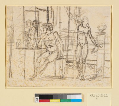 Scène avec des figures nues, au centre un homme assis, à droite un homme debout avec un bras levé - Nicolai Abildgaard