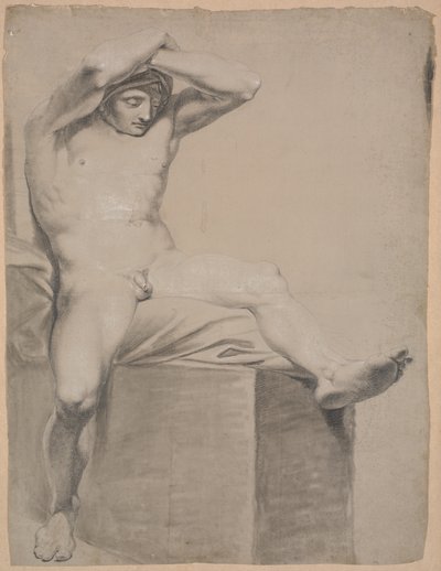 Modèle assis sur un haut piédestal avec un coussin. Vu de face. Les bras levés et croisés au-dessus de la tête. La jambe gauche étendue et légèrement pliée - Nicolai Abildgaard