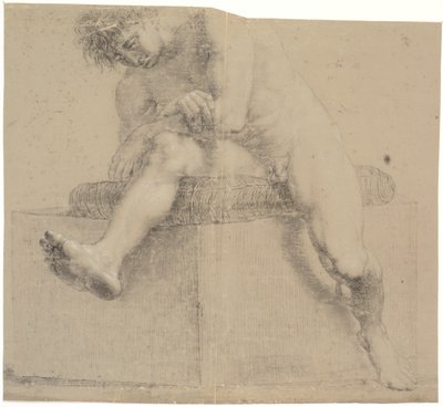 Modèle assis sur un socle bas avec un coussin. Les bras croisés. Jambe gauche pliée, jambe droite étendue - Nicolai Abildgaard