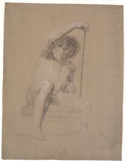 Modèle assis sur un socle bas avec un coussin. Vu de face. Une baguette dans la main gauche. Jambe droite étendue - Nicolai Abildgaard