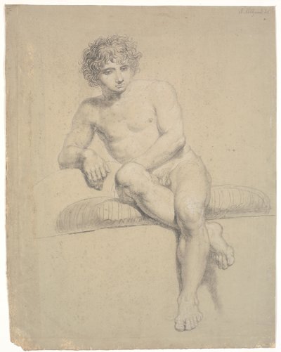 Modèle assis sur un socle bas avec coussin. Vue de face. Jambes croisées - Nicolai Abildgaard
