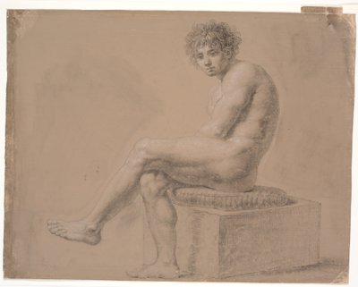 Modèle assis sur un socle bas avec coussin. Jambe gauche sur la droite - Nicolai Abildgaard
