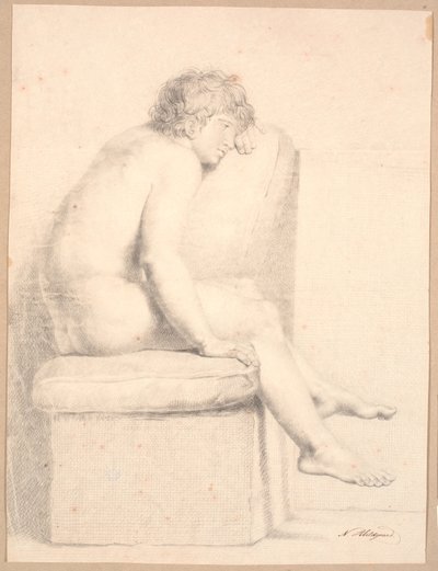 Modèle assis sur un socle avec coussin. Profil à droite. Tête soutenue par le bras gauche. Les jambes ne touchent pas le sol - Nicolai Abildgaard