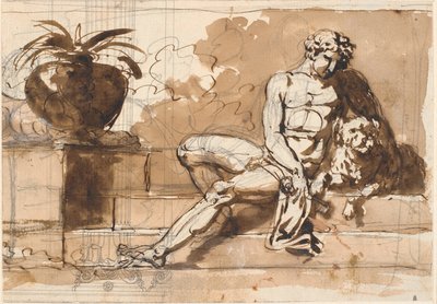Homme nu assis avec un caniche à gauche, une agave - Nicolai Abildgaard