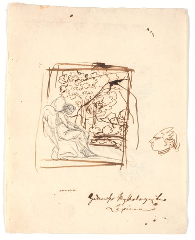 Génie ailé assis, arbres en arrière-plan; à droite une tête caricaturée - Nicolai Abildgaard