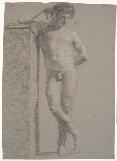 Modèle debout. Vu de face. Bras droit appuyé sur un haut piédestal. Jambes croisées - Nicolai Abildgaard