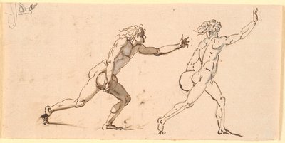 Deux hommes nus courant vers la droite, chacun avec une grosse pierre dans une main, et une esquisse de visage de profil - Nicolai Abildgaard