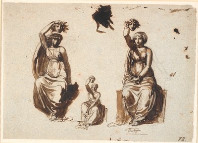 Trois études pour une figure féminine allégorique assise avec une tête de Méduse levée dans la main droite - Nicolai Abildgaard