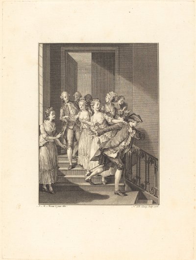 Saint-Preux sort de chez des femmes du monde - Nicolas Delaunay after Jean Michel Moreau