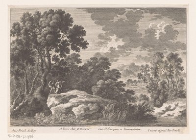Paysage avec homme, femme et enfant sur un rocher près d