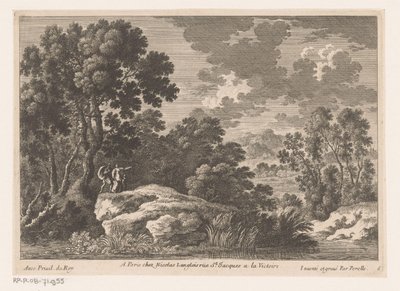 Paysage avec homme, femme et enfant sur un rocher près d