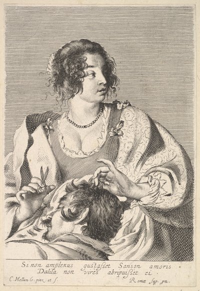 Dalila se préparant à couper les cheveux de Samson avec des ciseaux dans sa main droite - Nicolas Viennot